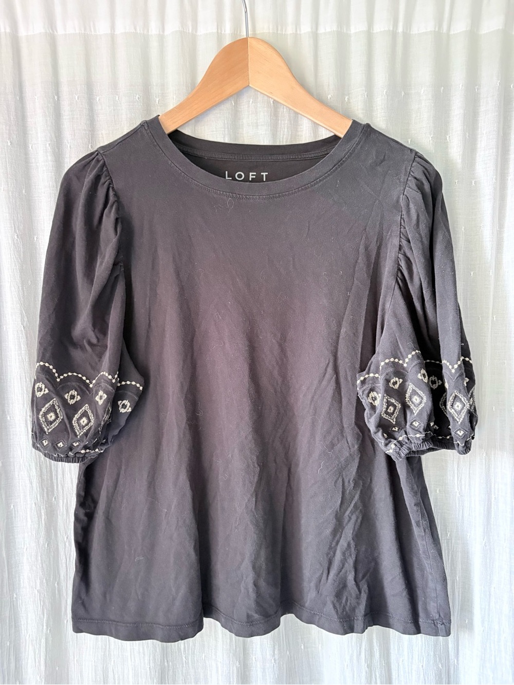 LOFT Black Puff-Sleeve Tee with Embroidered Sleeves